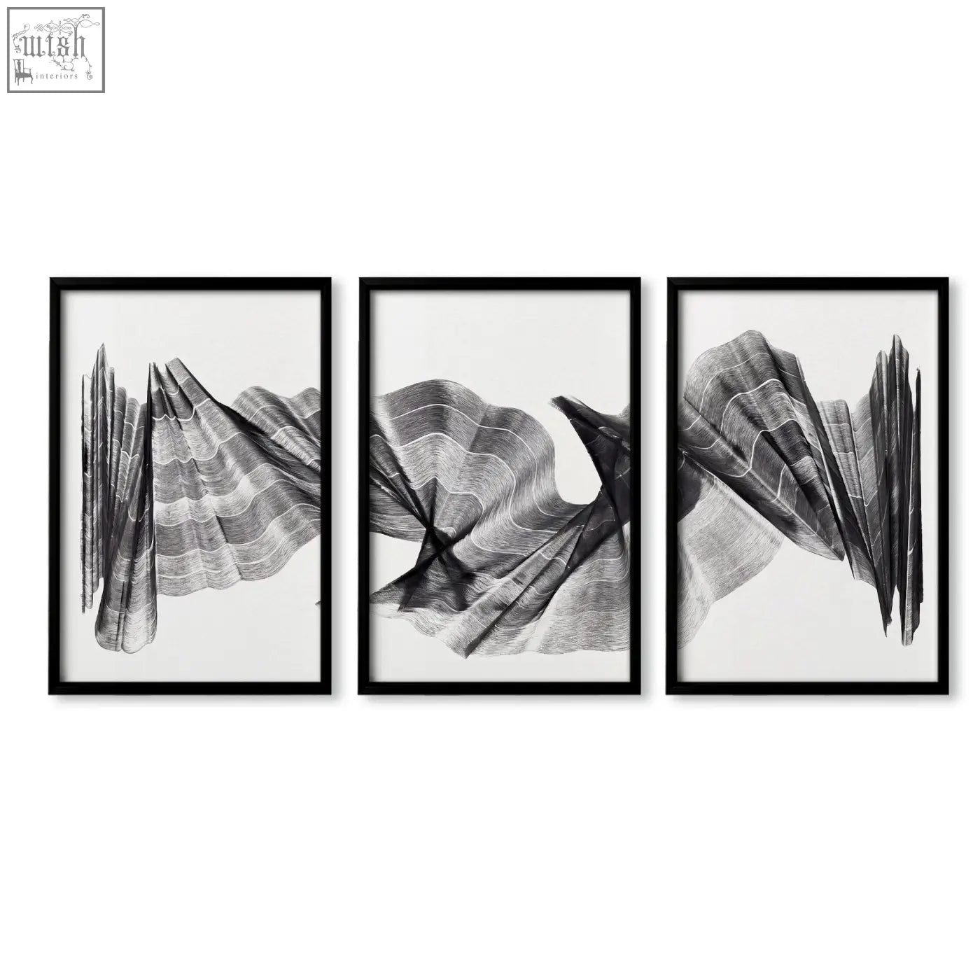 Set of three black-framed wall abstract paintings with charcoal flowing waves minimalist line art prints in grayscale