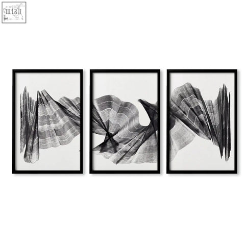 Set of three black-framed wall abstract paintings with charcoal flowing waves minimalist line art prints in grayscale