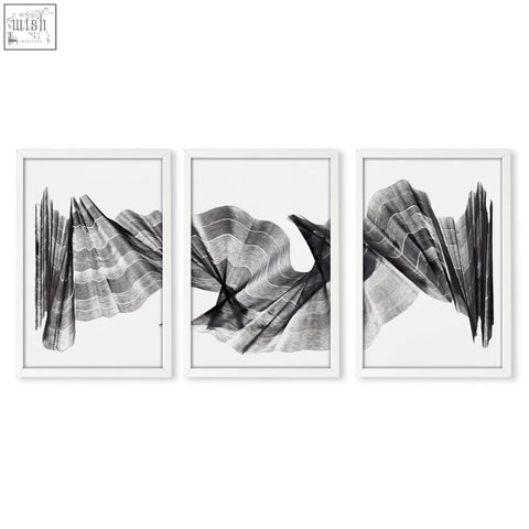 Set of three framed black and white wall abstract paintings with flowing waves and thin pencil line art