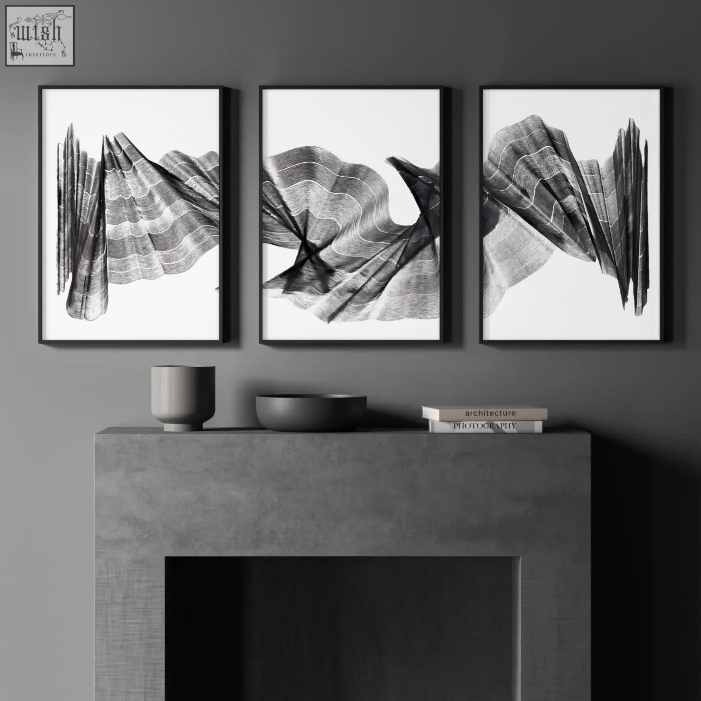 Three black-framed wall abstract paintings with charcoal flowing waves minimalist art prints in grayscale set of 3