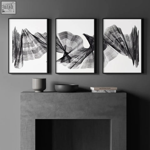 Three black-framed wall abstract paintings with charcoal flowing waves minimalist art prints in grayscale set of 3