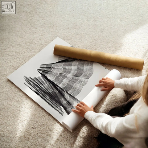 A black and white wall abstract painting with layered fan-like brushstroke patterns on large paper sheets
