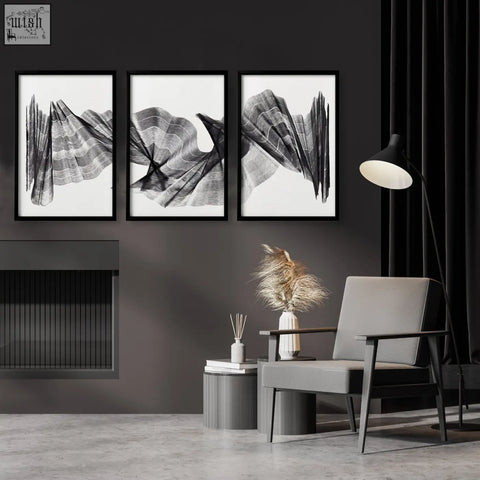 Set of three black-framed wall abstract paintings with charcoal flowing waves minimalist art prints in grayscale
