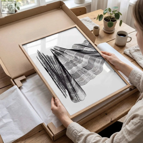 Minimalist wooden-framed wall abstract painting with black and white flowing wave line art in set of 3 prints