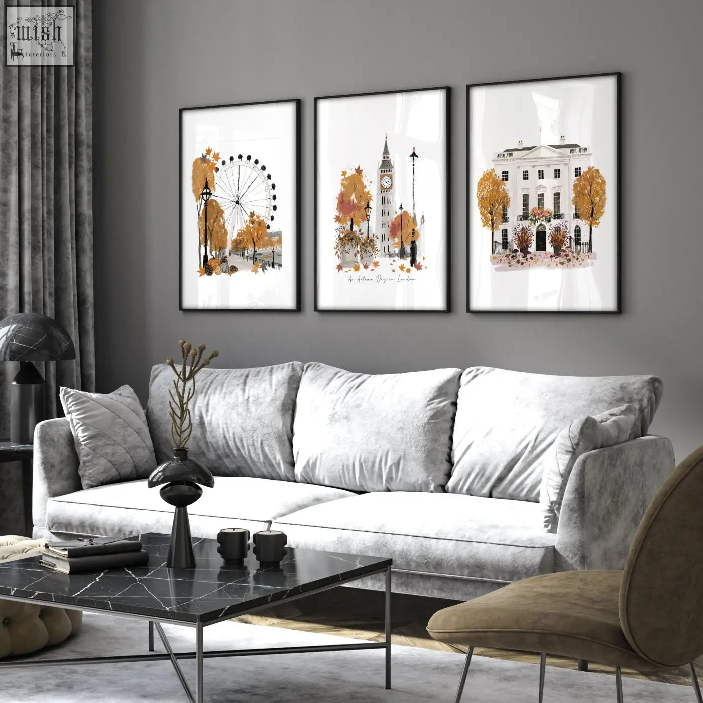 Gray velvet sofa with plush cushions and minimalist design in living room featuring autumn day london wall art decor set