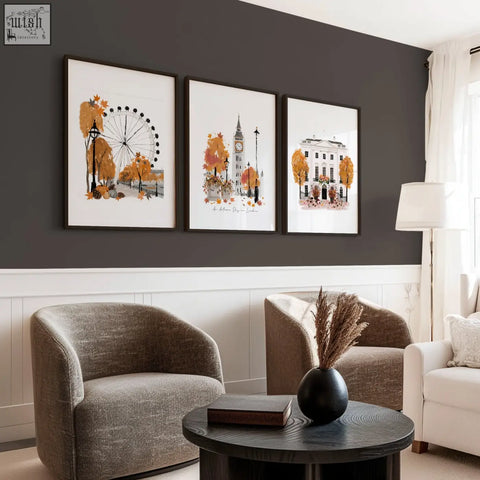 Black ceramic vase with dried pampas grass complements wall art decor for living room autumn day in london travel prints set
