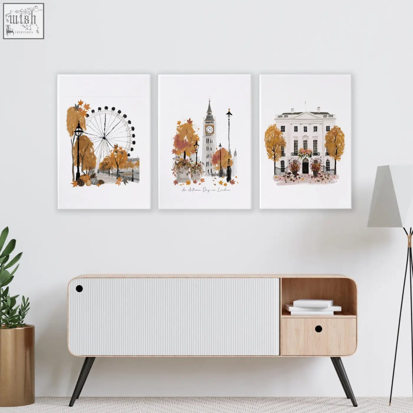 Set of three framed autumn-themed london landmark prints in warm tones perfect for living room wall art decor