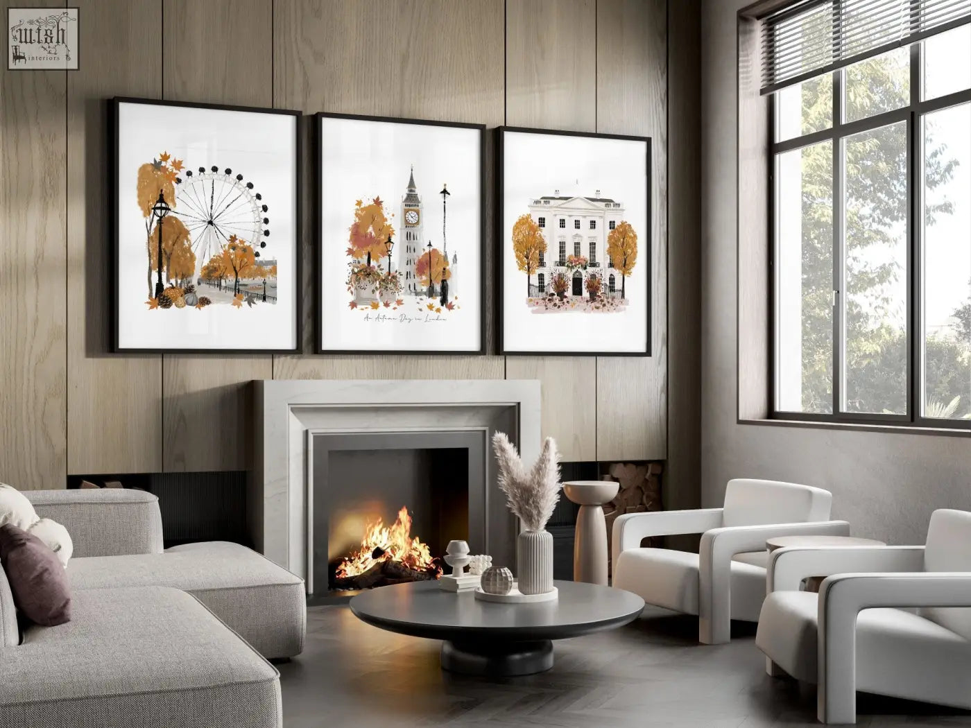 Three framed watercolor autumn wall art decor prints featuring london ferris wheel clock tower and classical building for living room