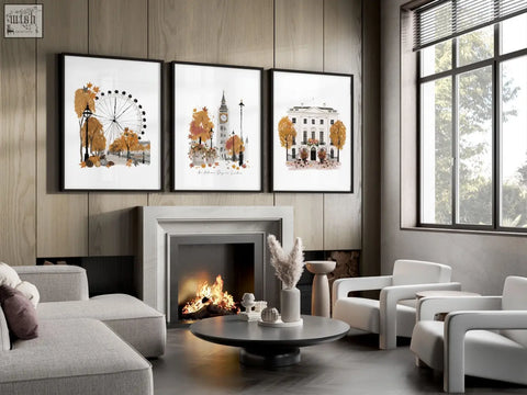 Three framed watercolor autumn wall art decor prints featuring london ferris wheel clock tower and classical building for living room