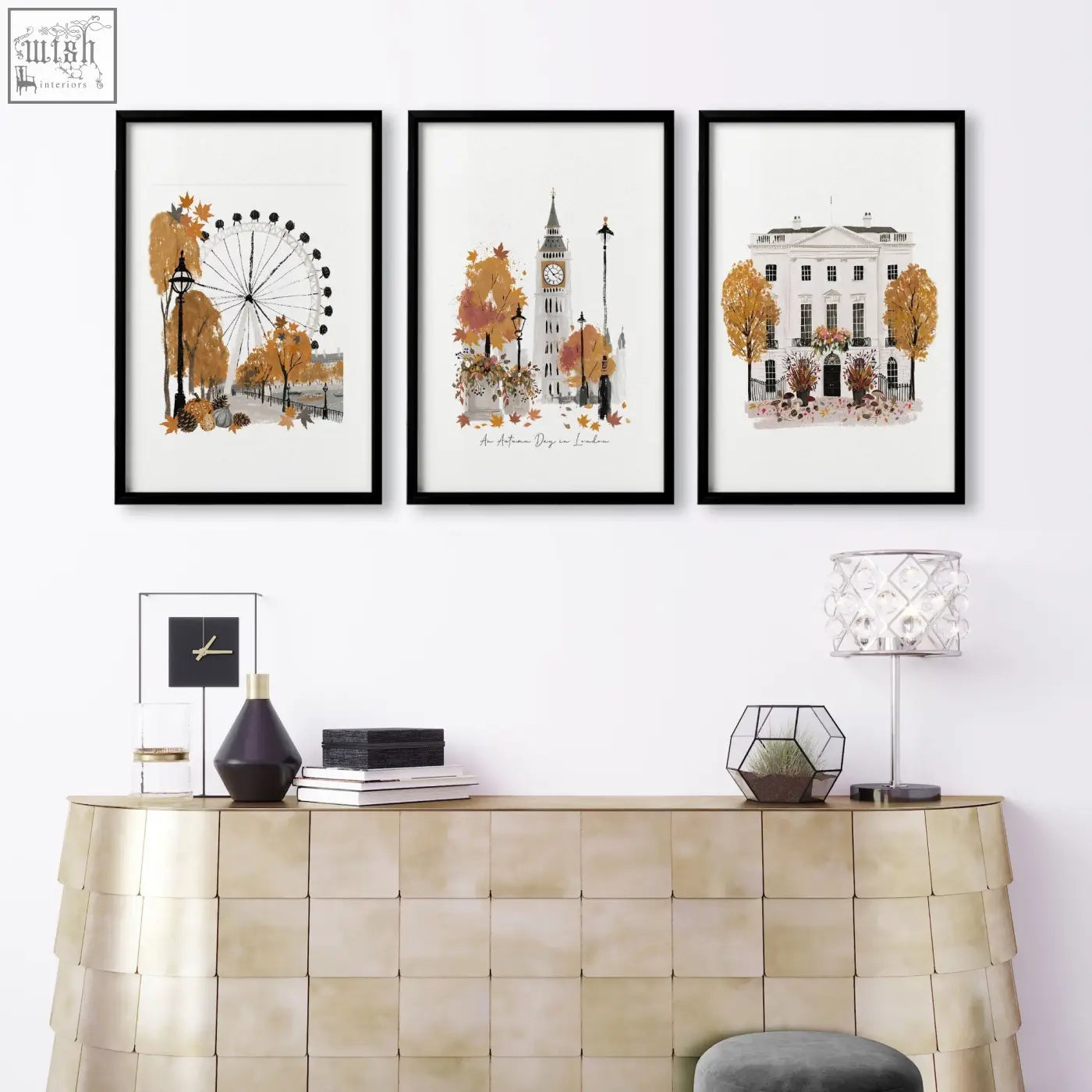 Three black-framed watercolor wall art decor prints of autumn london scenes for living room travel vibes