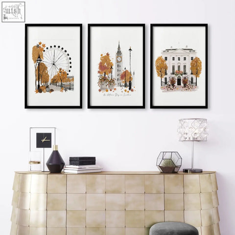 Three black-framed watercolor wall art decor prints of autumn london scenes for living room travel vibes