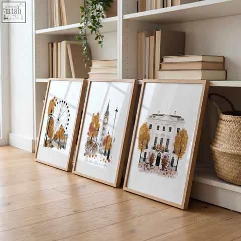 Three framed autumn london cityscape watercolor prints in soft earthy tones perfect for living room wall art decor