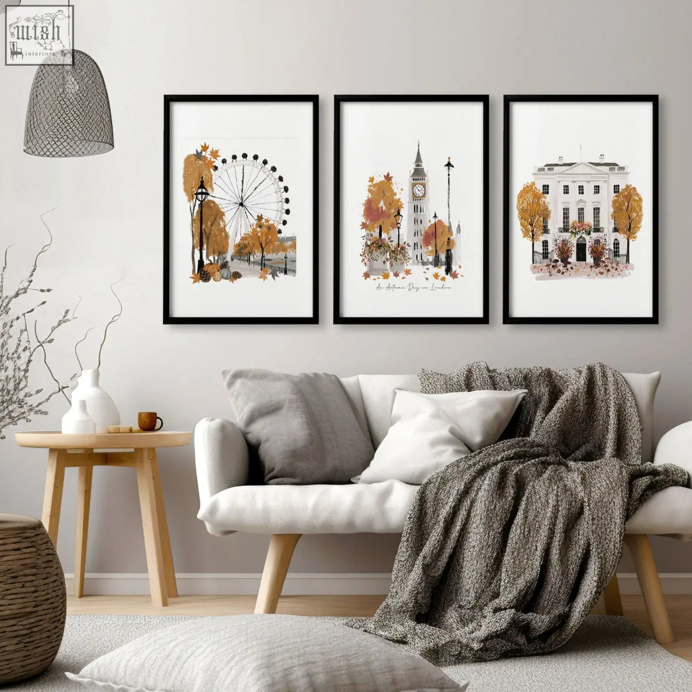 Three framed watercolor prints of autumnal london city scenes as living room wall art decor set of 3