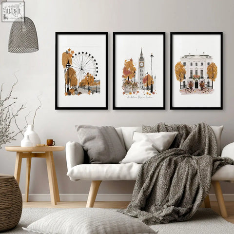 Three framed watercolor prints of autumnal london city scenes as living room wall art decor set of 3