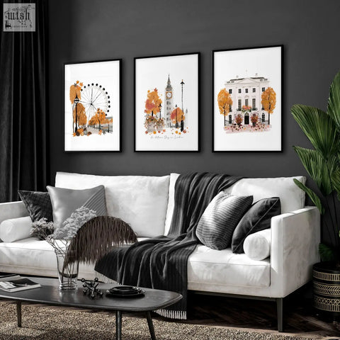White sofa with black and gray pillows and dark gray knit blanket in living room with autumn day in london wall art decor set