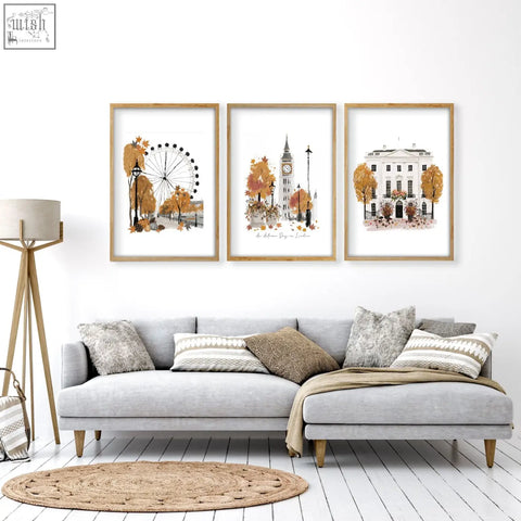 Three framed watercolor wall art decor prints featuring autumn scenes in london with warm tones for living room