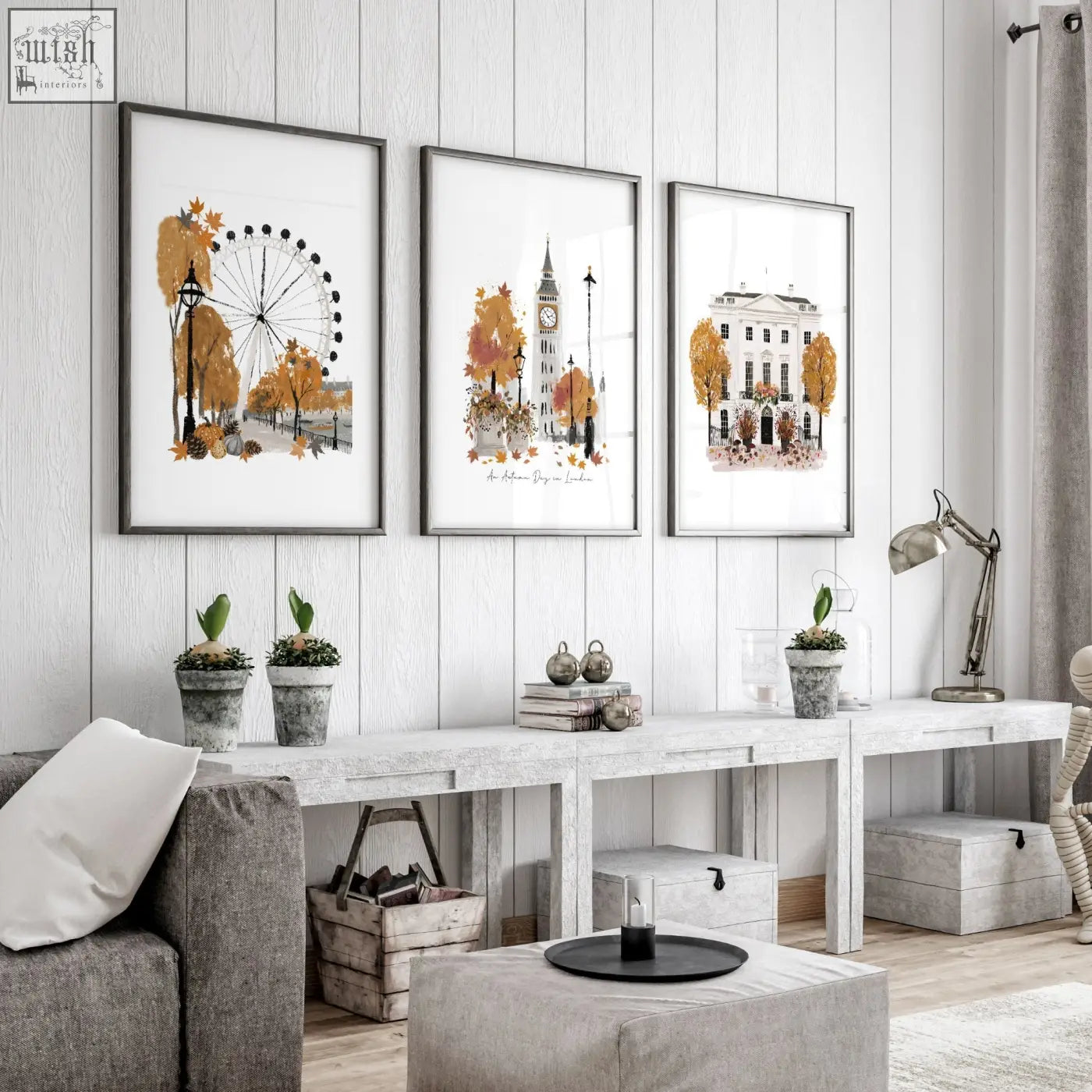 Three framed watercolor autumn prints of london with black frames and white backgrounds perfect wall art decor for living room