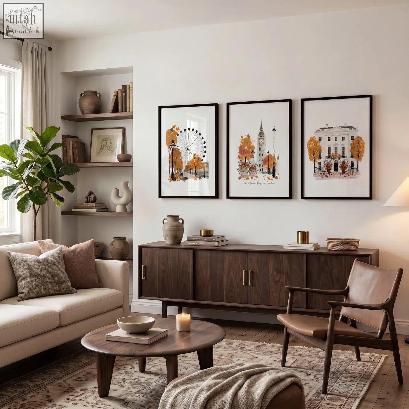 Set of three framed autumn day in london watercolor prints in black frames perfect wall art decor for living room