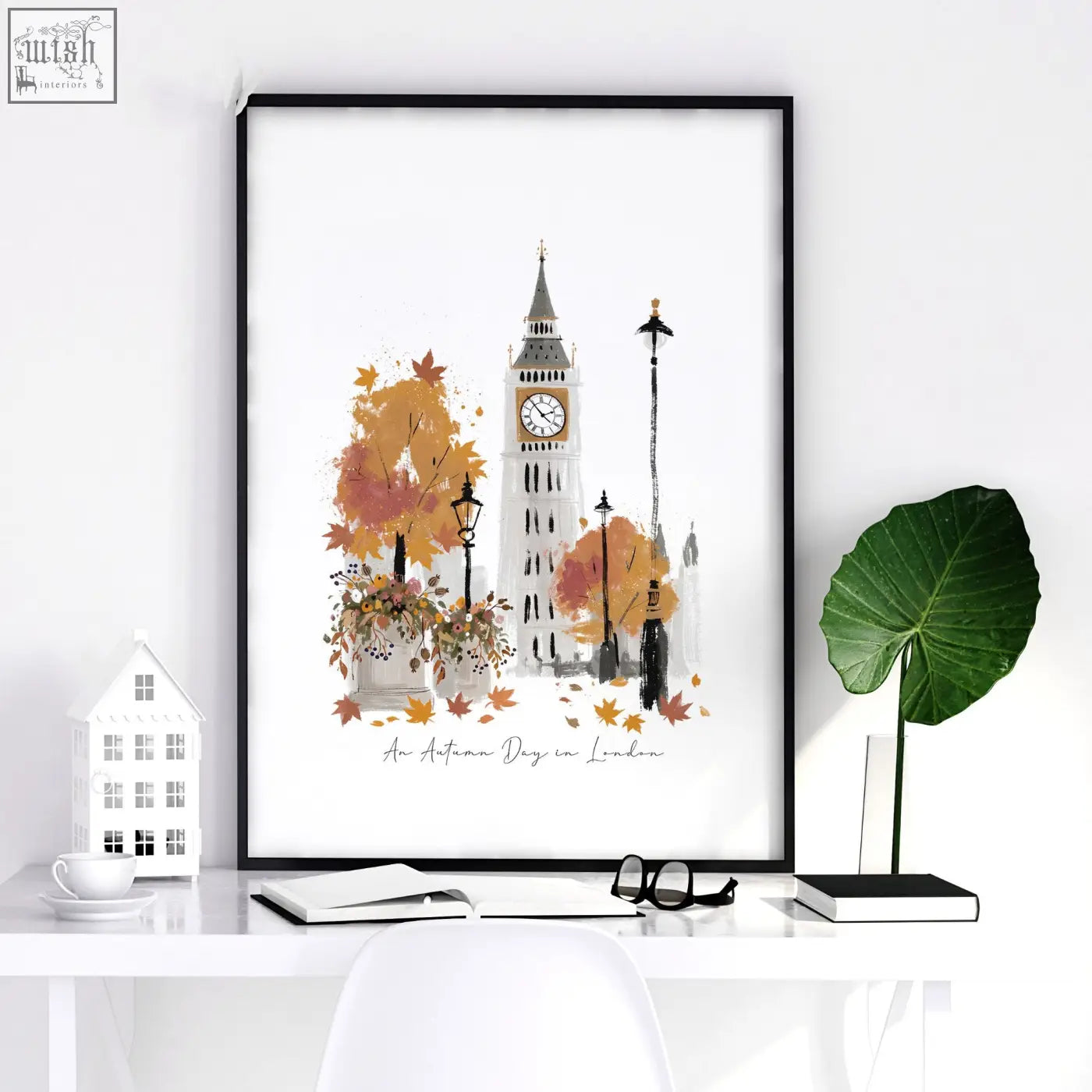 A framed watercolor wall art decor of big ben with warm autumn tones perfect for living room travel prints set of 3