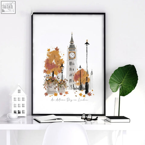 A framed watercolor wall art decor of big ben with warm autumn tones perfect for living room travel prints set of 3