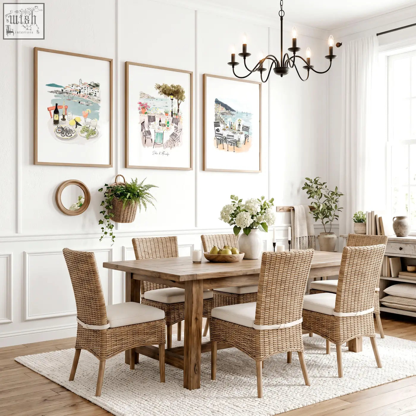 Woven wicker dining chairs with light beige cushions and wooden legs in a dining room with mediterranean coastal wall art three prints