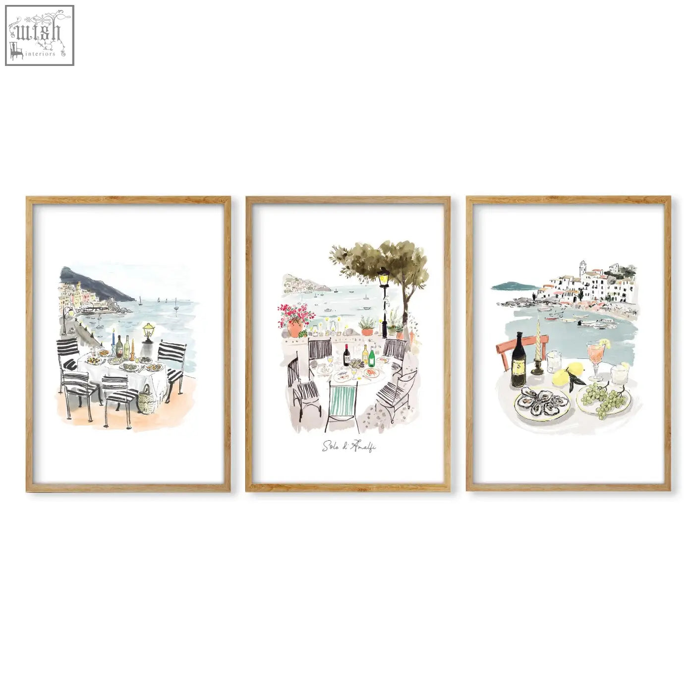 Set of three framed watercolor wall art prints in light tones for dining room inspired by mediterranean coast