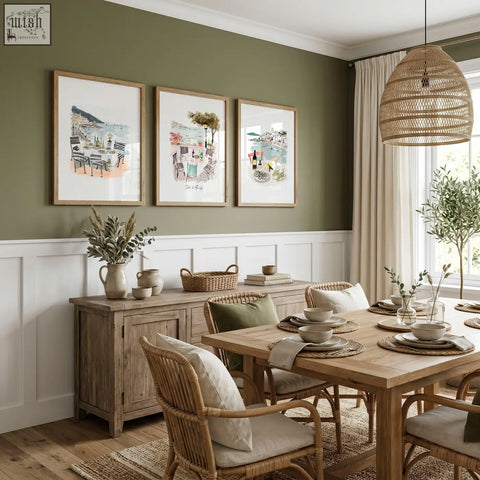 Woven rattan pendant light with natural texture paired with mediterranean coastal three prints wall art for dining room