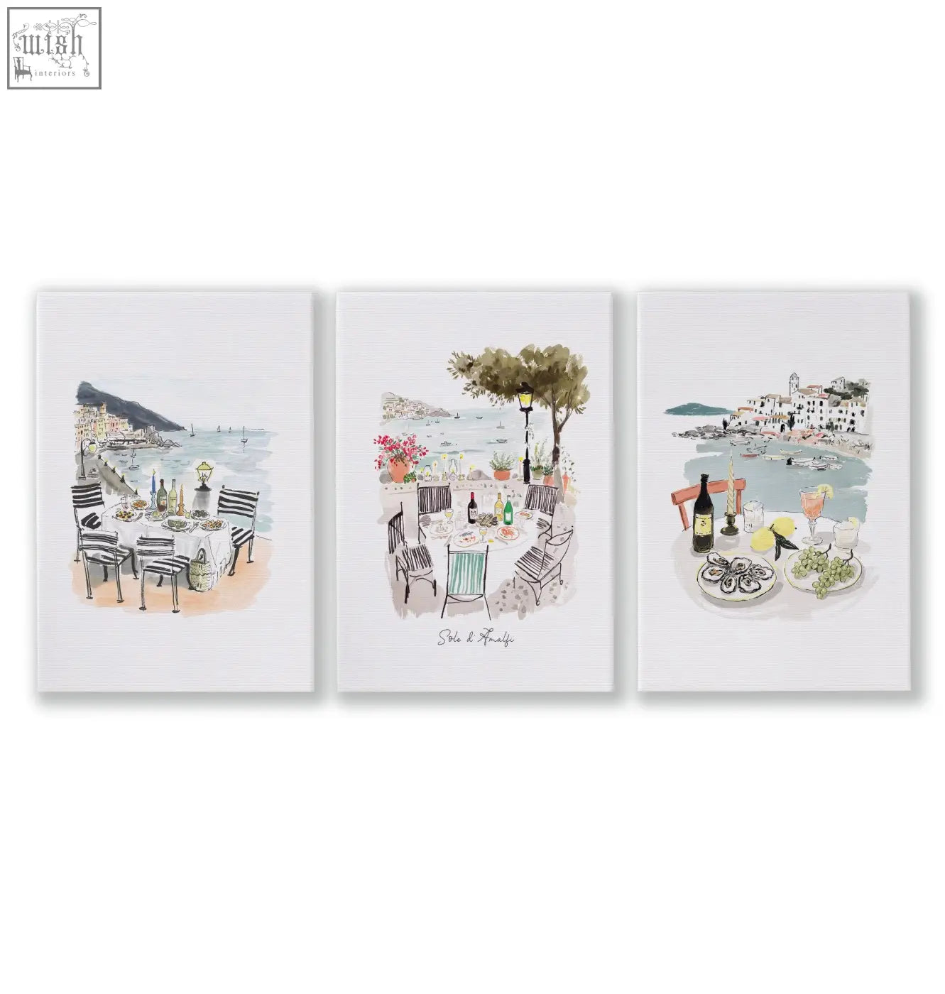 Set of three coastal watercolor prints with striped chairs and seaside views perfect wall art for a dining room