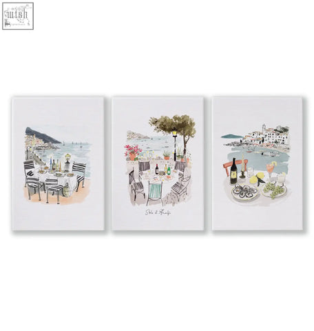 Set of three coastal watercolor prints with striped chairs and seaside views perfect wall art for a dining room