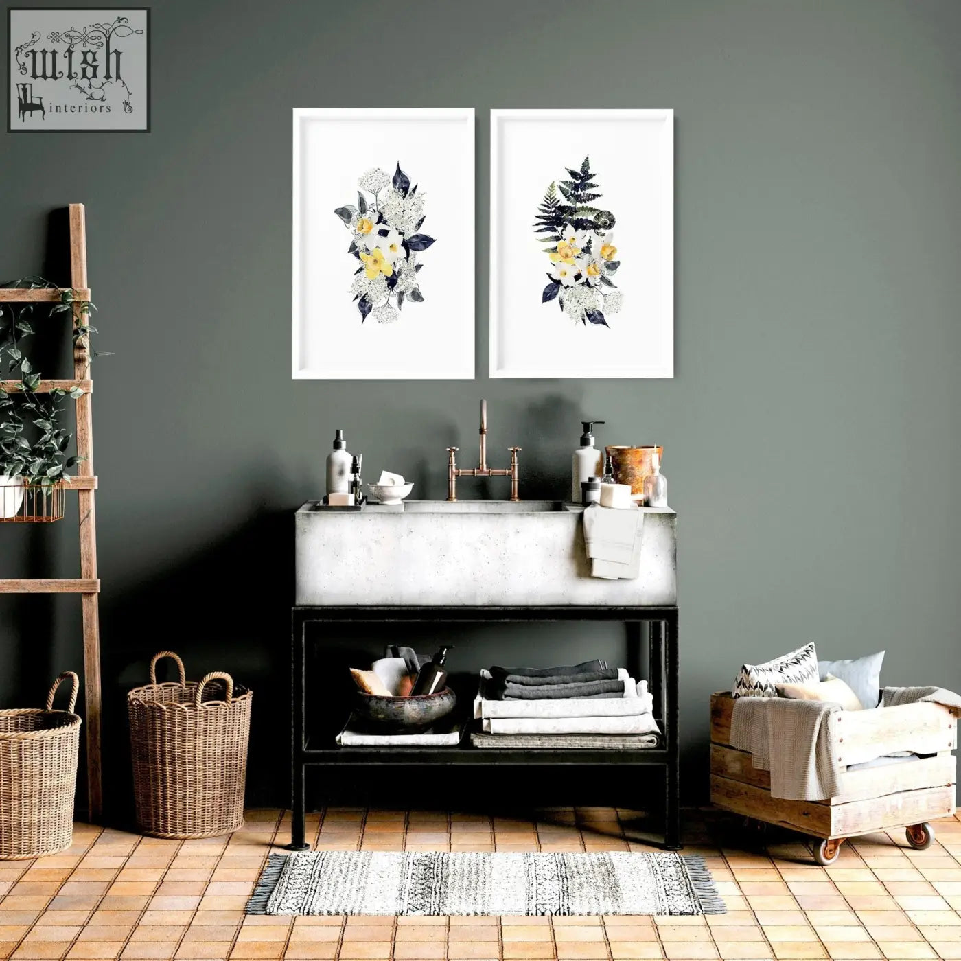 Concrete sink with copper faucet and black metal frame under floral wall art prints for bathroom walls set of 2