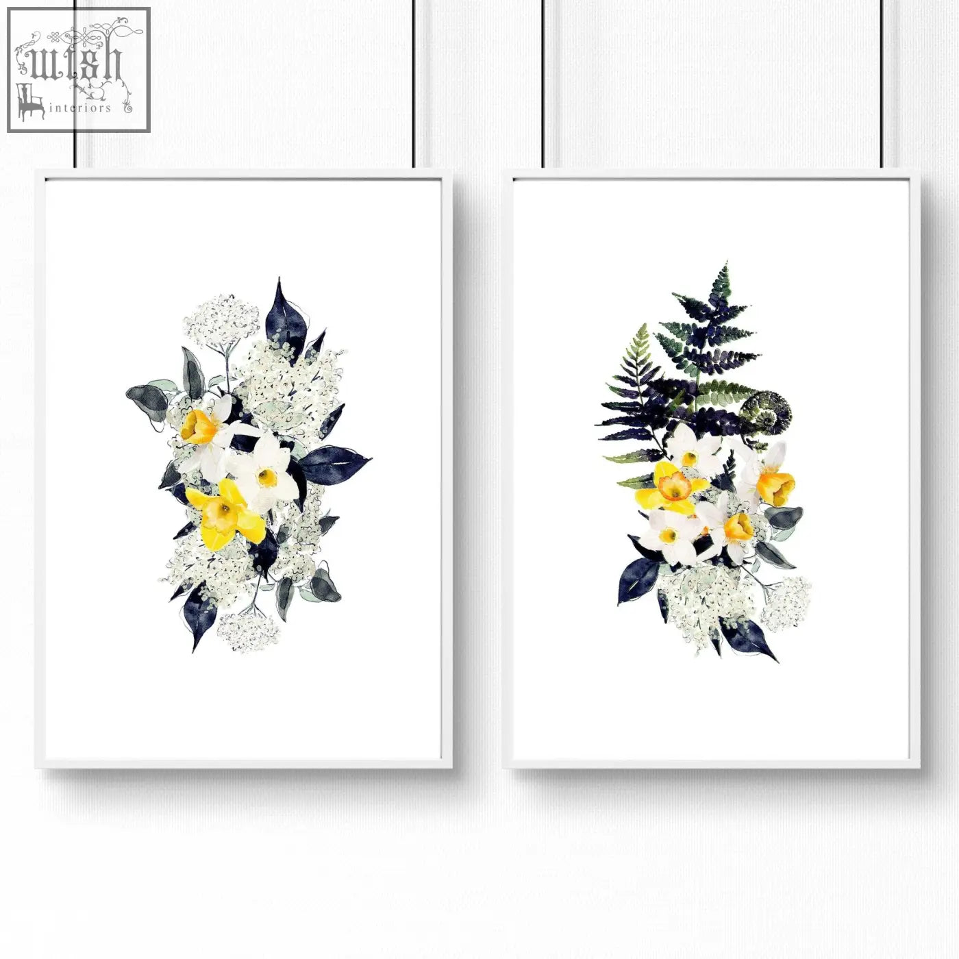 Two framed botanical watercolor wall art prints with white and yellow flowers for bathroom walls set of 2