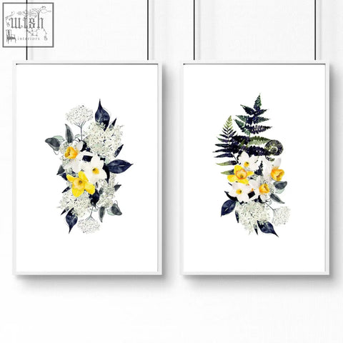 Two framed botanical watercolor wall art prints with white and yellow flowers for bathroom walls set of 2