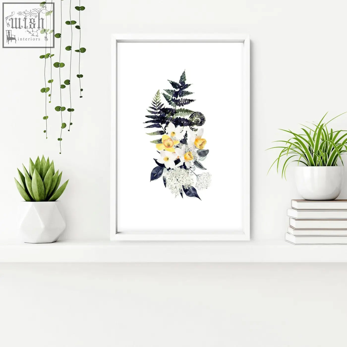 White framed watercolor wall art prints featuring dark green ferns and yellow flowers perfect for bathroom walls