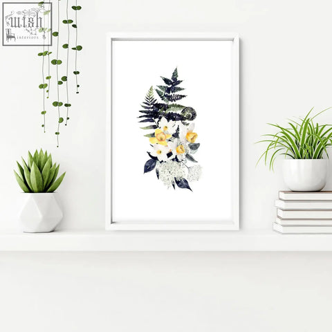 White framed watercolor wall art prints featuring dark green ferns and yellow flowers perfect for bathroom walls
