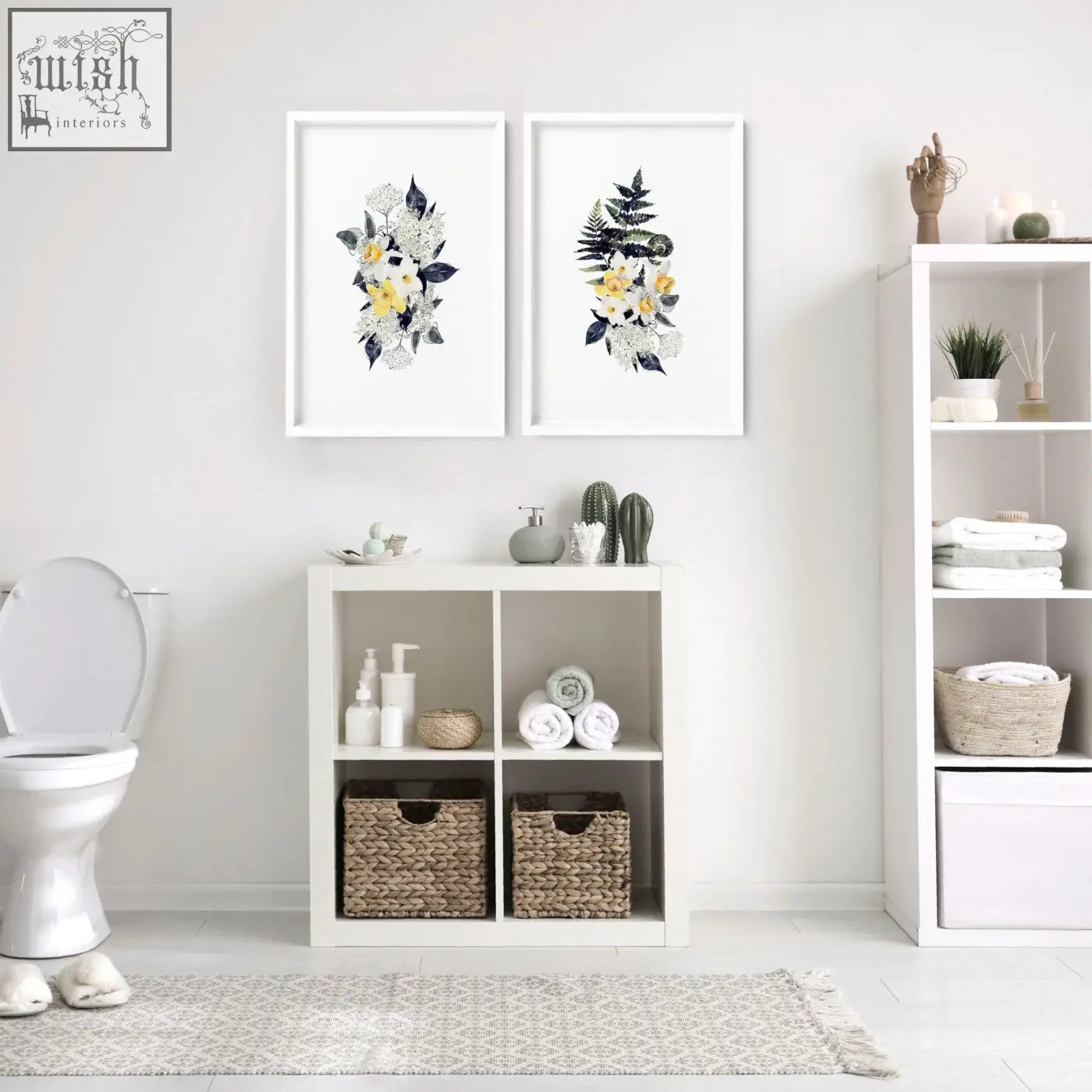 White framed wall art prints with yellow and navy floral illustrations perfect for bathroom walls set of 2