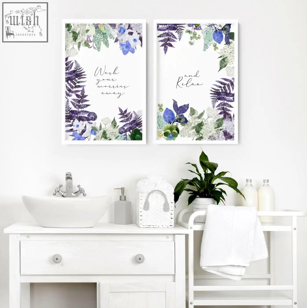 Two framed floral wall art prints with purple and green designs and relaxing phrases for bathroom decor