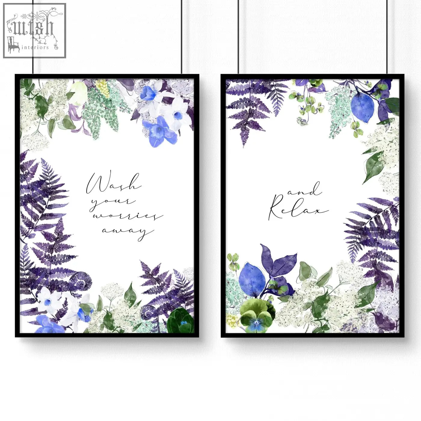 Set of 2 floral wall art prints with purple blue and green watercolor designs perfect for bathroom wall art
