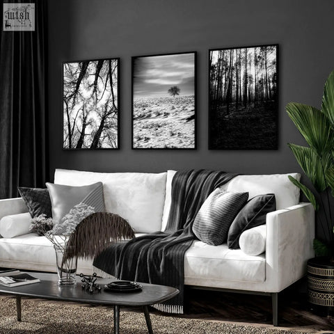 White leather sofa with black and gray pillows and blanket in living room featuring black and white forest wall art for grey walls living