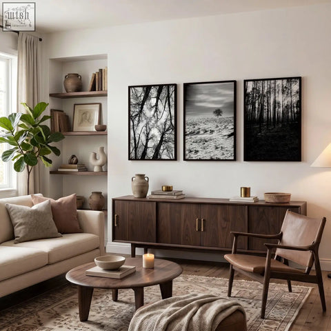 Dark wood sideboard with sleek metal handles and minimalist design on grey walls living room with black and white wall art