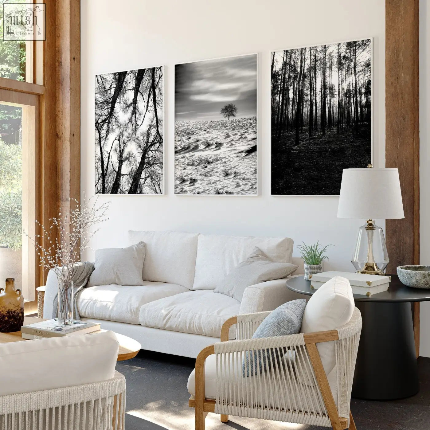 Three black and white framed wall art pieces showing forest and snowy landscapes perfect for grey walls living room decor