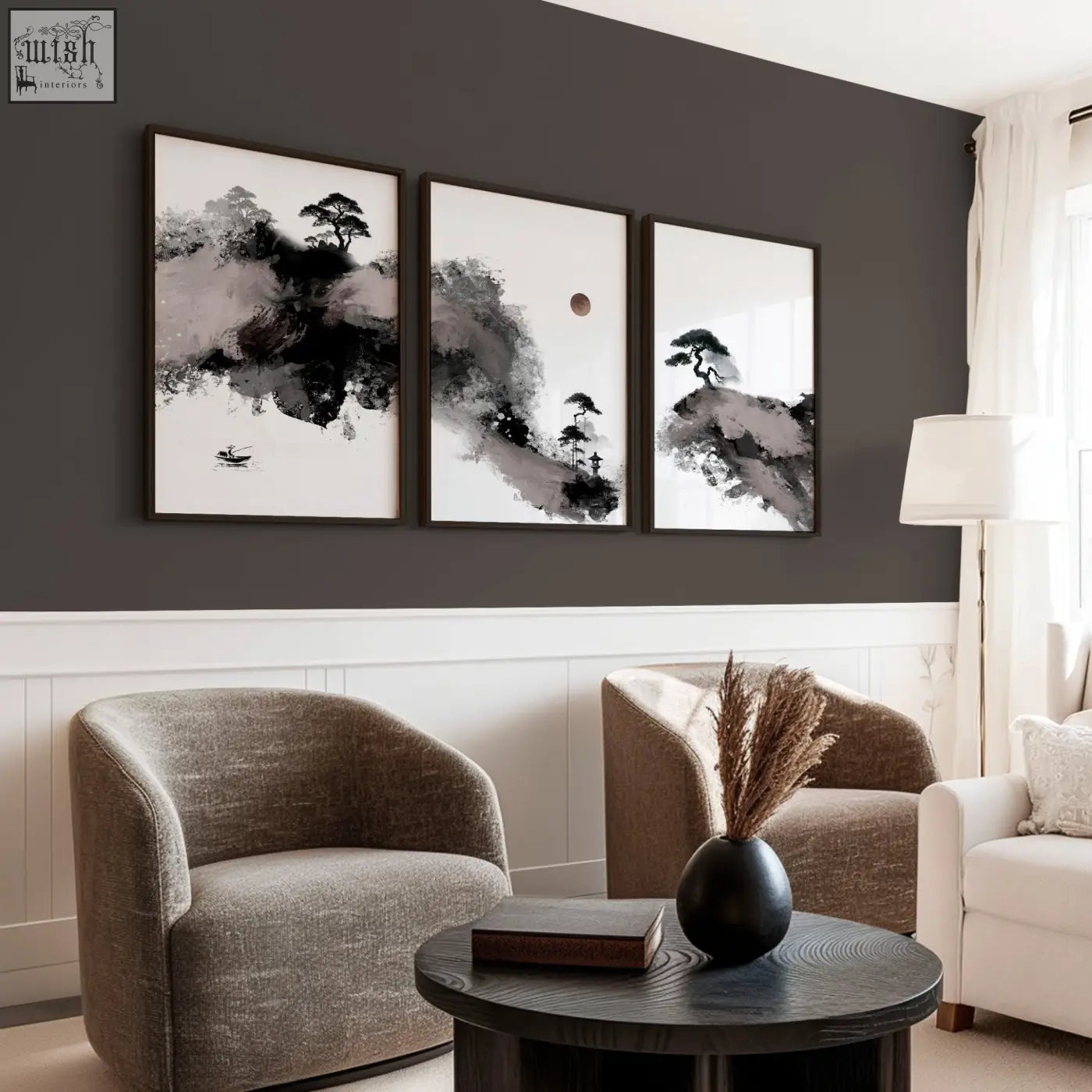 Black ceramic vase with dried pampas grass complements wall art japanese ink landscape with fisherman moon and pine trees set of 3