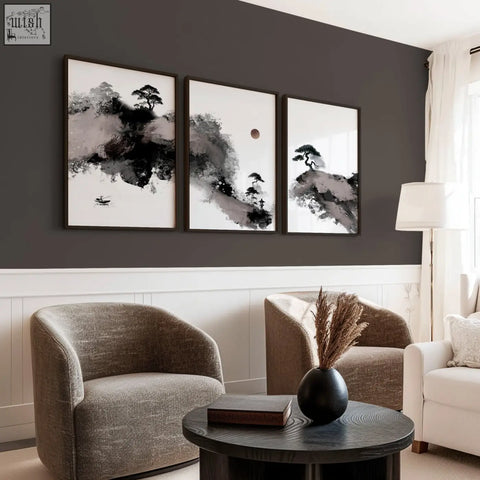 Black ceramic vase with dried pampas grass complements wall art japanese ink landscape with fisherman moon and pine trees set of 3