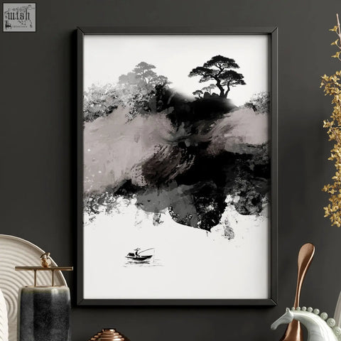 Black-framed minimalist wall art japanese ink painting of lone fisherman in boat with misty mountains and pine trees