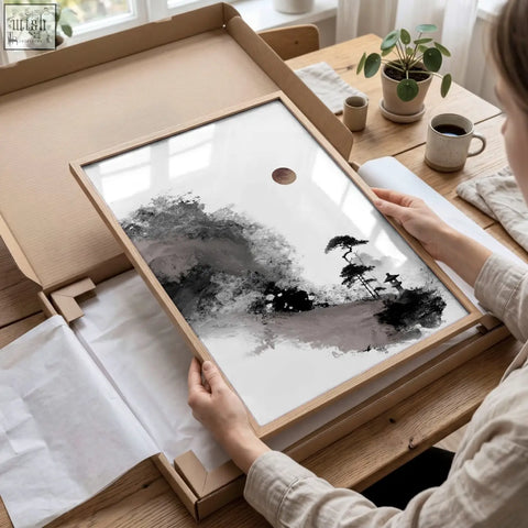 Minimalist wall art japanese ink landscape with wooden frame featuring pine trees fisherman and a gold moon element