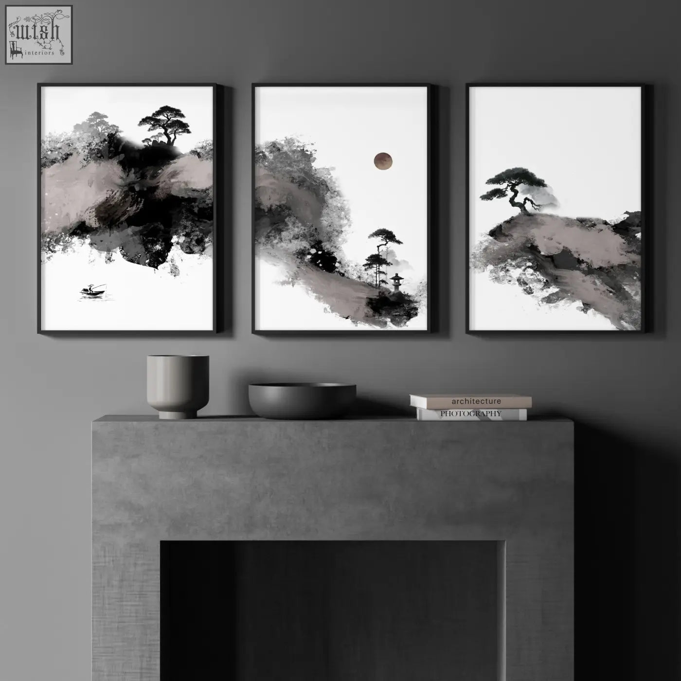 Set of 3 black-and-white wall art japanese ink landscape prints featuring fisherman moon and pine trees