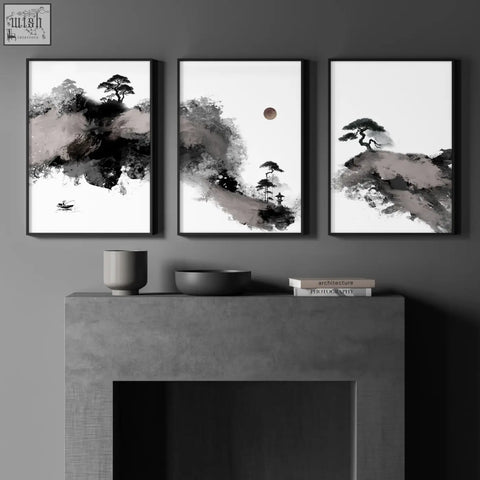 Set of 3 black-and-white wall art japanese ink landscape prints featuring fisherman moon and pine trees