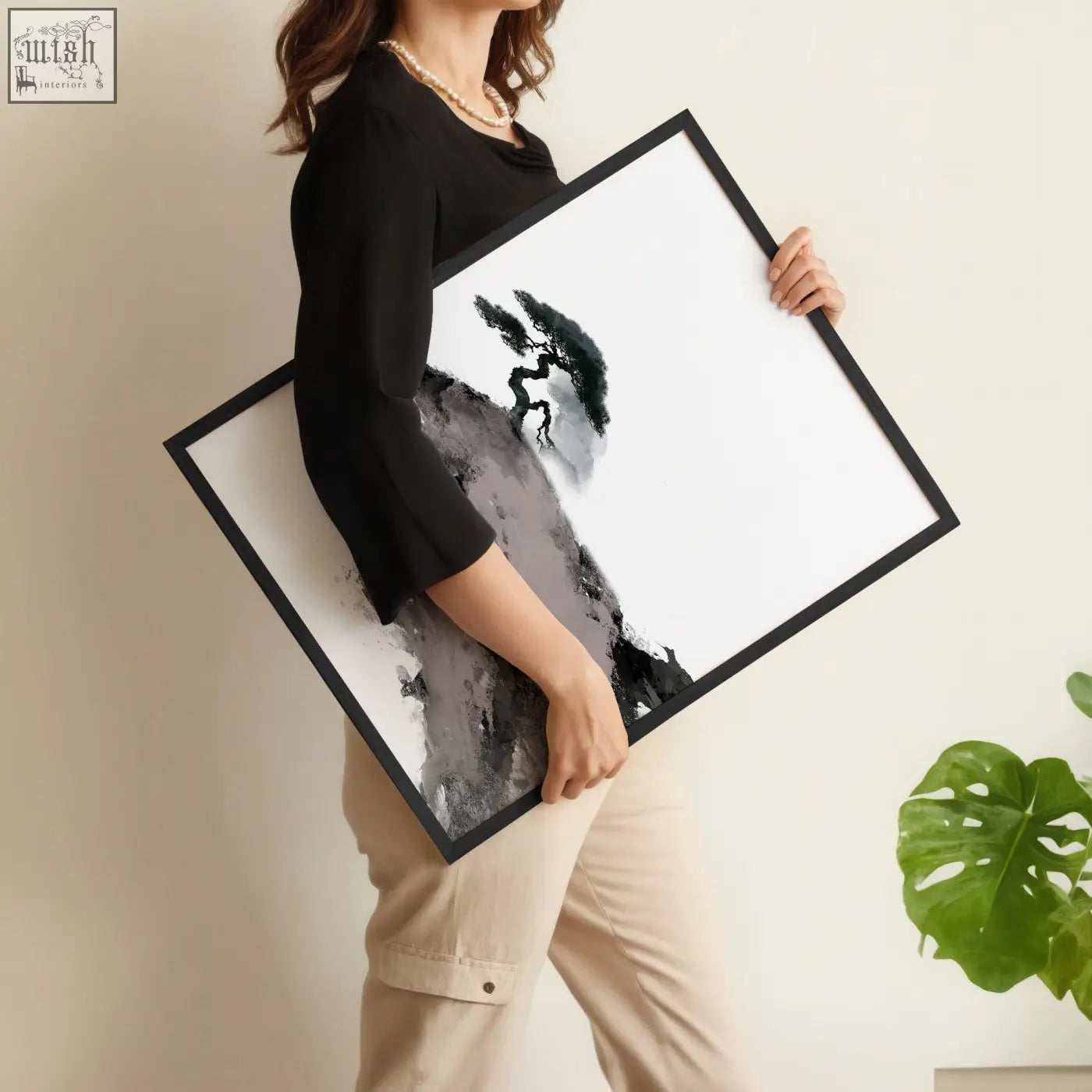 Black-framed wall art japanese ink featuring a minimalist pine tree against a white background in a set of 3
