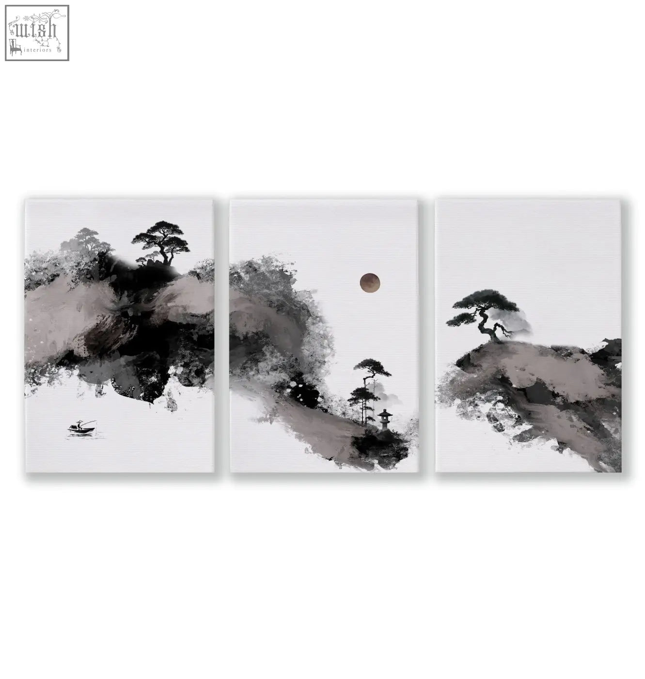 Three-panel wall art japanese ink landscape featuring serene mountains pine trees a fisherman moon and lantern in gray tones
