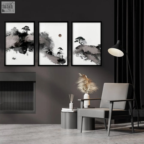 Three framed black-and-white wall art japanese ink prints with minimalist trees fisherman moon and pine trees on dark wall