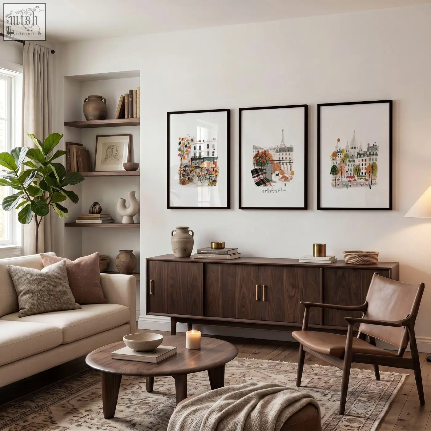 Three framed paris travel wall art prints hang above a dark wood sideboard in a stylish living room setup